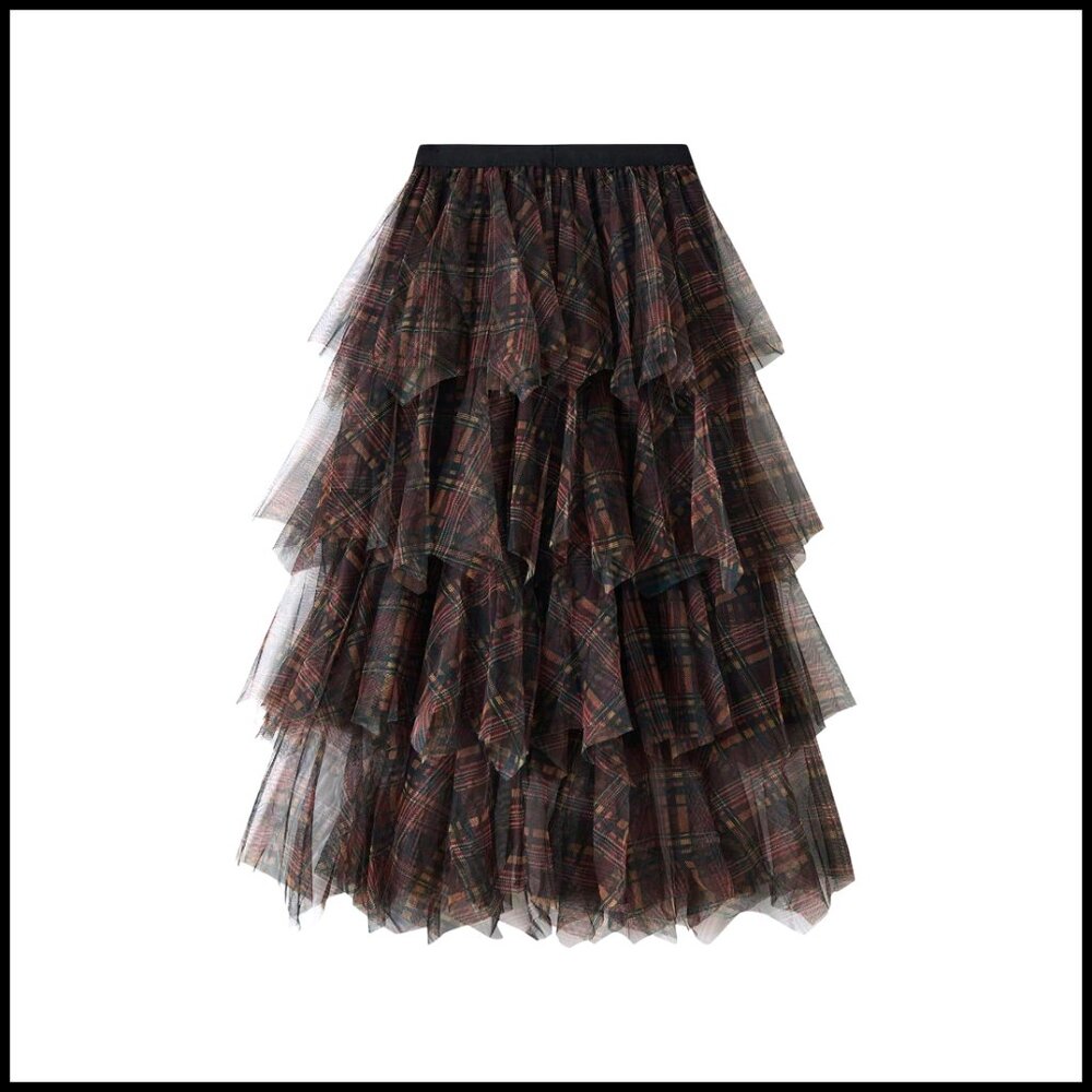 Tulle Mesh Plaid Skirt High Waist A Line Tiered Ruffle Long Skirt - Picture 1 of 5